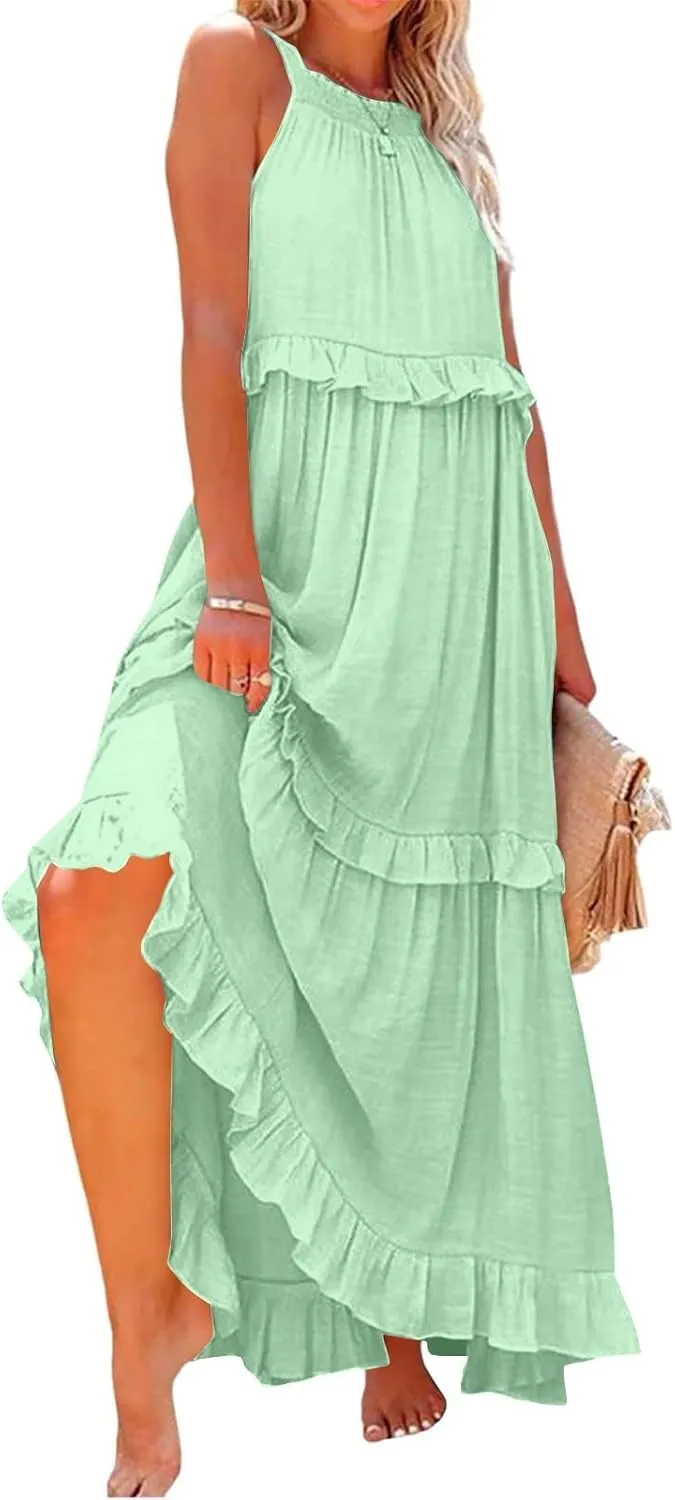 Maxi Dresses for Women 2025 Vacation Swing Flowy Tiered Dress Pretty Garden Halter Neck Long Smocked Ruffle Dresses