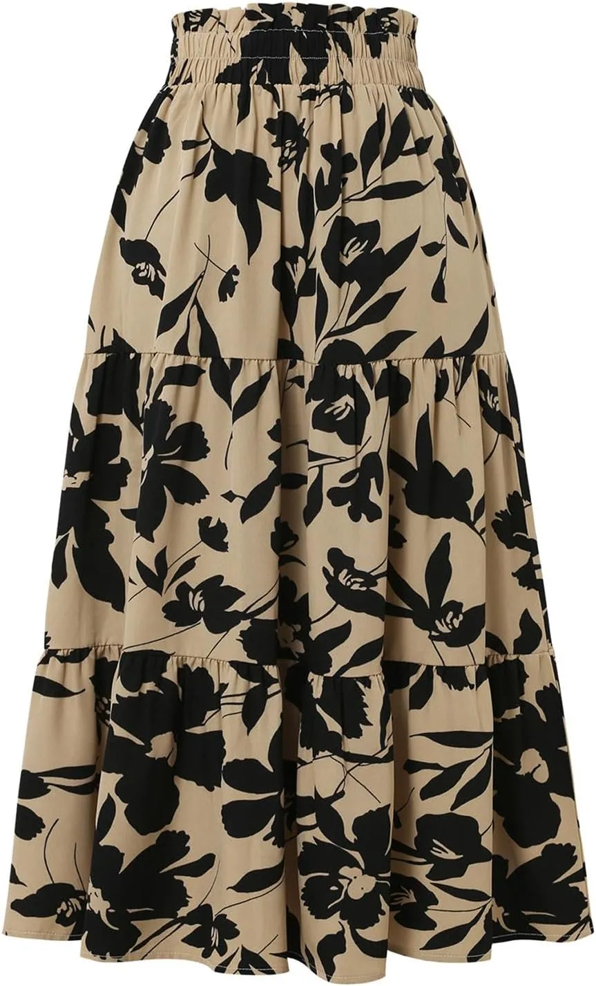 Maxi Skirts for Women Boho Floral Print Tiered Flowy Skirt Vacation Elastic Drawstring Waist A Line Pleated Skirt