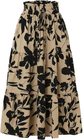 Maxi Skirts for Women Boho Floral Print Tiered Flowy Skirt Vacation Elastic Drawstring Waist A Line Pleated Skirt