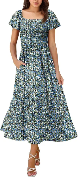 Maxi Summer Dresses for Women Smocked Square Neck Flutter Sleeve Dress Elegant Classy a Line Dresses with Pockets