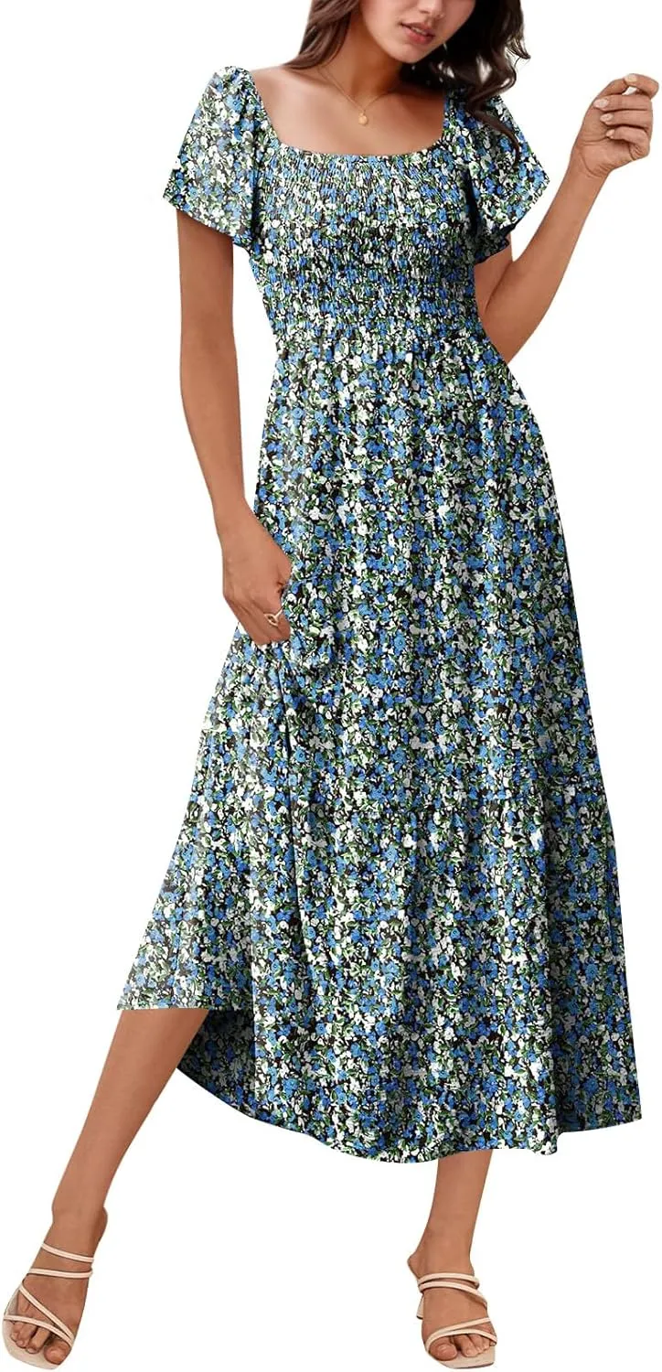 Maxi Summer Dresses for Women Smocked Square Neck Flutter Sleeve Dress Elegant Classy a Line Dresses with Pockets
