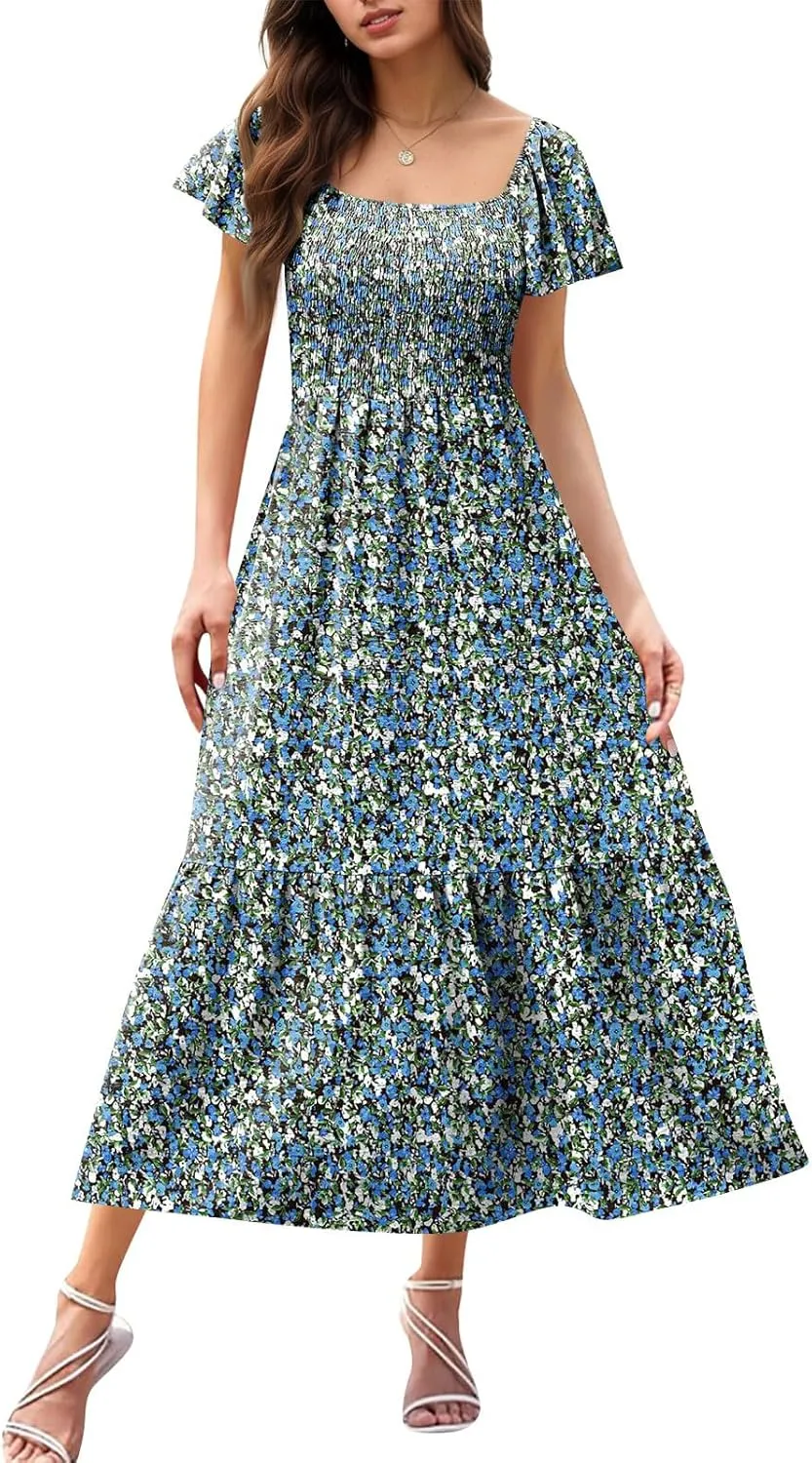 Maxi Summer Dresses for Women Smocked Square Neck Flutter Sleeve Dress Elegant Classy a Line Dresses with Pockets