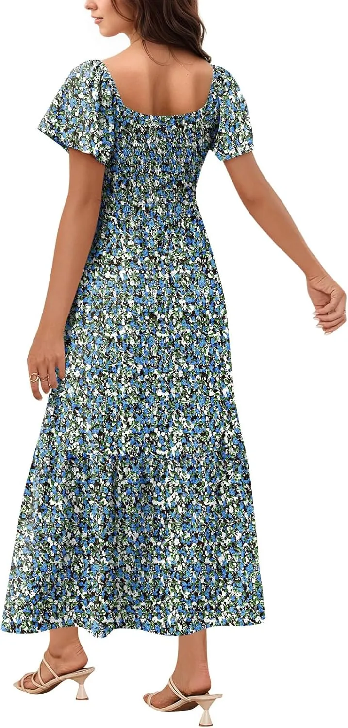 Maxi Summer Dresses for Women Smocked Square Neck Flutter Sleeve Dress Elegant Classy a Line Dresses with Pockets