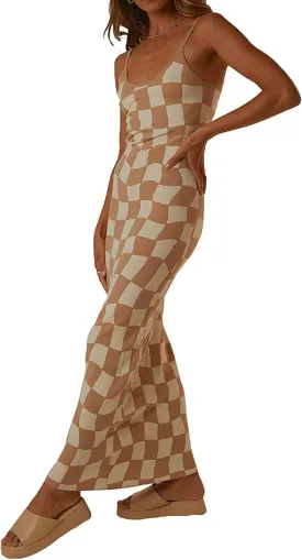 Melliflo Womens Sleeveless Maxi Tank Dress Spaghetti Strap Pattern Print Long Bodycon Dress Sexy Slim Cami Dress