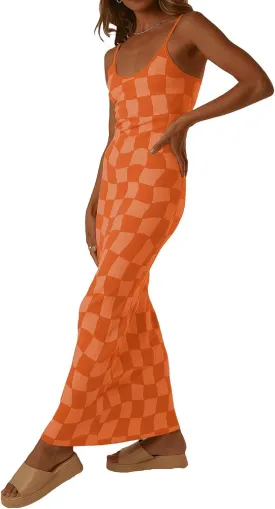 Melliflo Womens Sleeveless Maxi Tank Dress Spaghetti Strap Pattern Print Long Bodycon Dress Sexy Slim Cami Dress