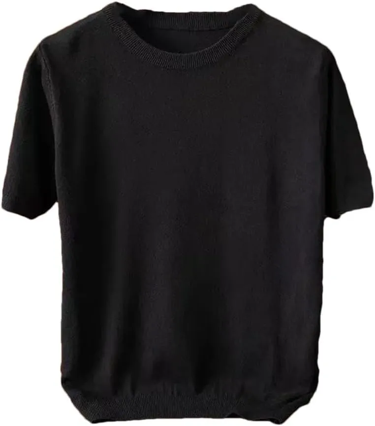 Men's Cashmere Short Sleeve Knitted Pullover Sweater Men Crewneck Casual Vintage Sweater
