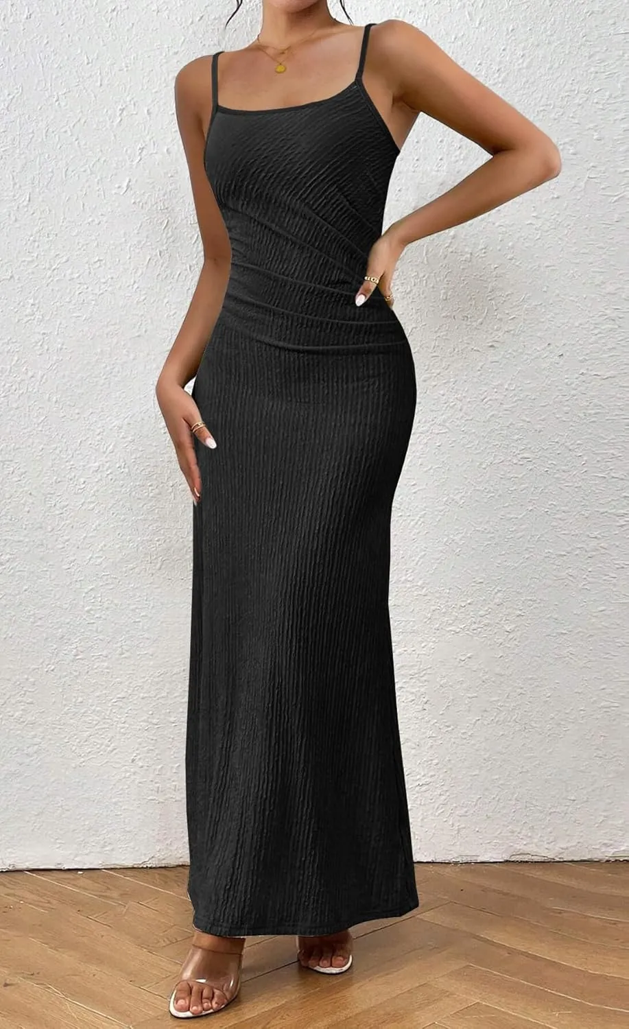 MITILLY Summer Slip Bodycon Maxi Dress Elegant Spaghetti Strap Textured Basic Sexy Ruched Dress for Women Cocktail Party