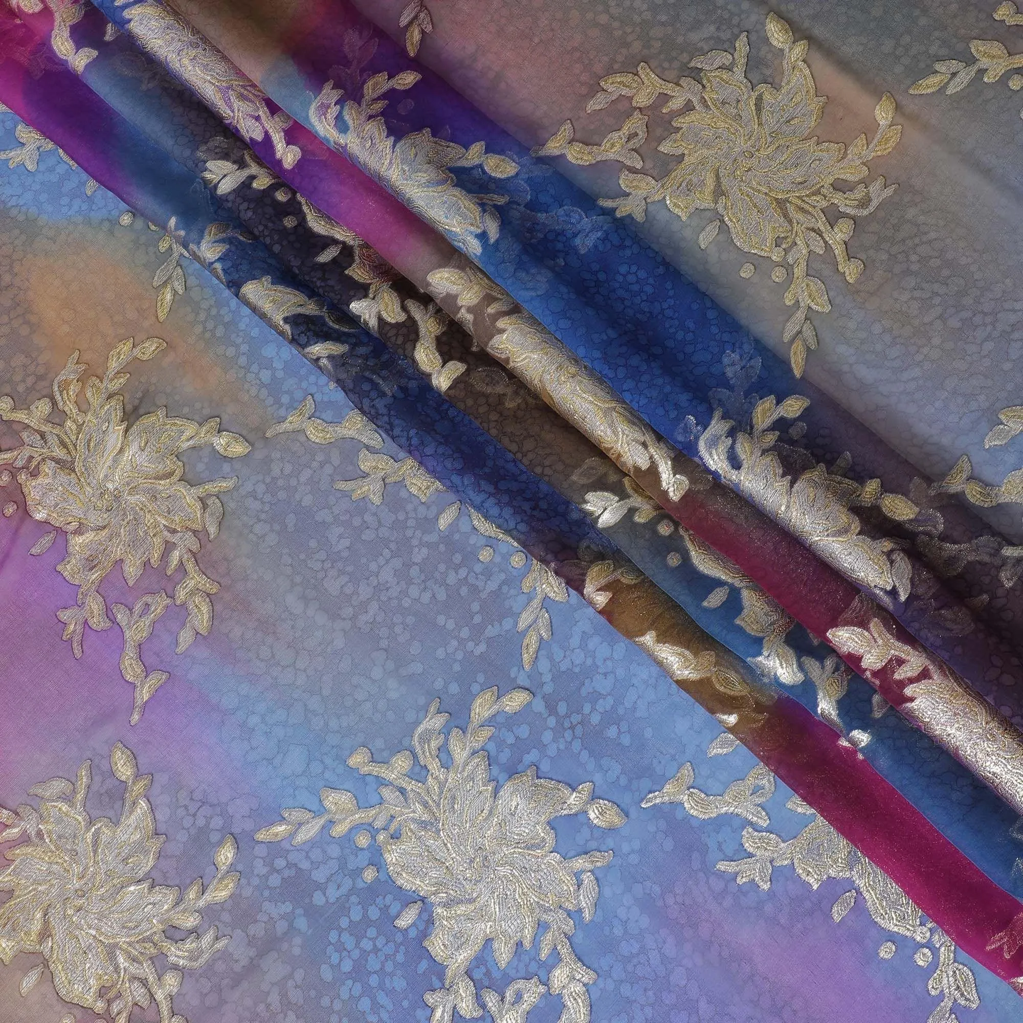 Multicolor premium pure handprinted silk chiffon fabric with gold metallic lurex in fancy design-D10411