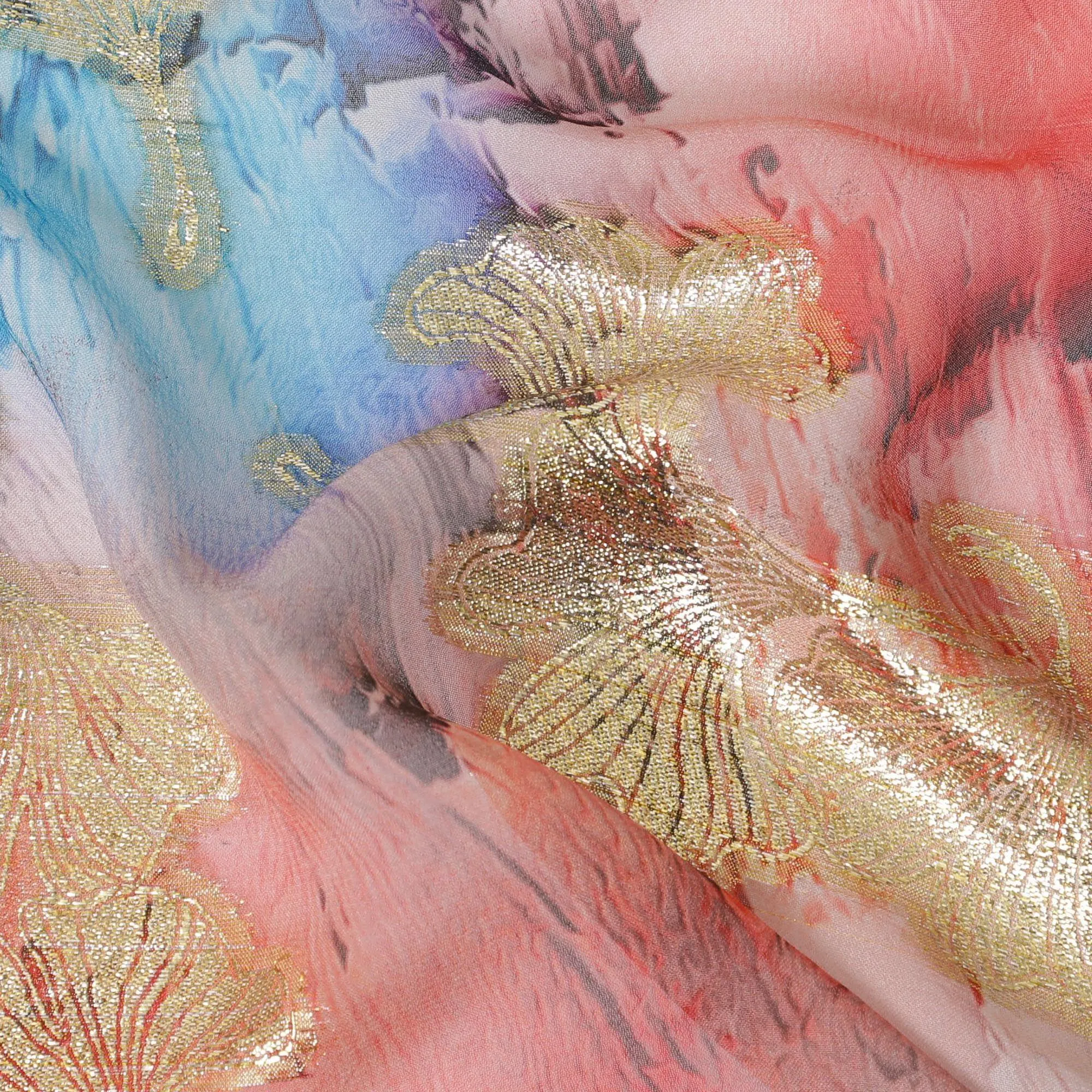 Multicolor synthetic chiffon fabric with gold metallic lurex in fancy design-D12606