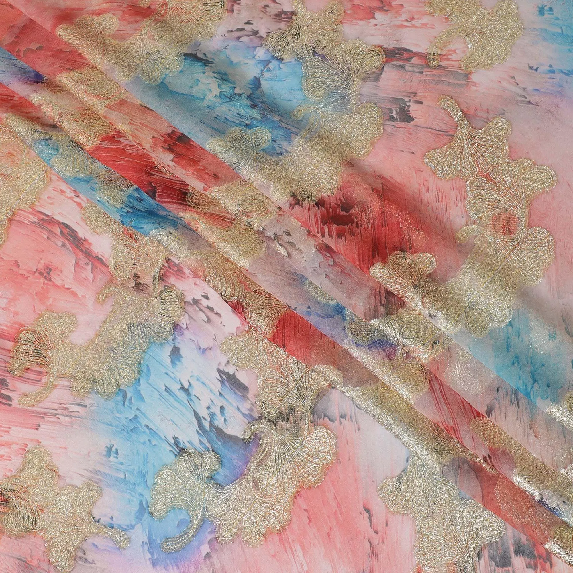 Multicolor synthetic chiffon fabric with gold metallic lurex in fancy design-D12606