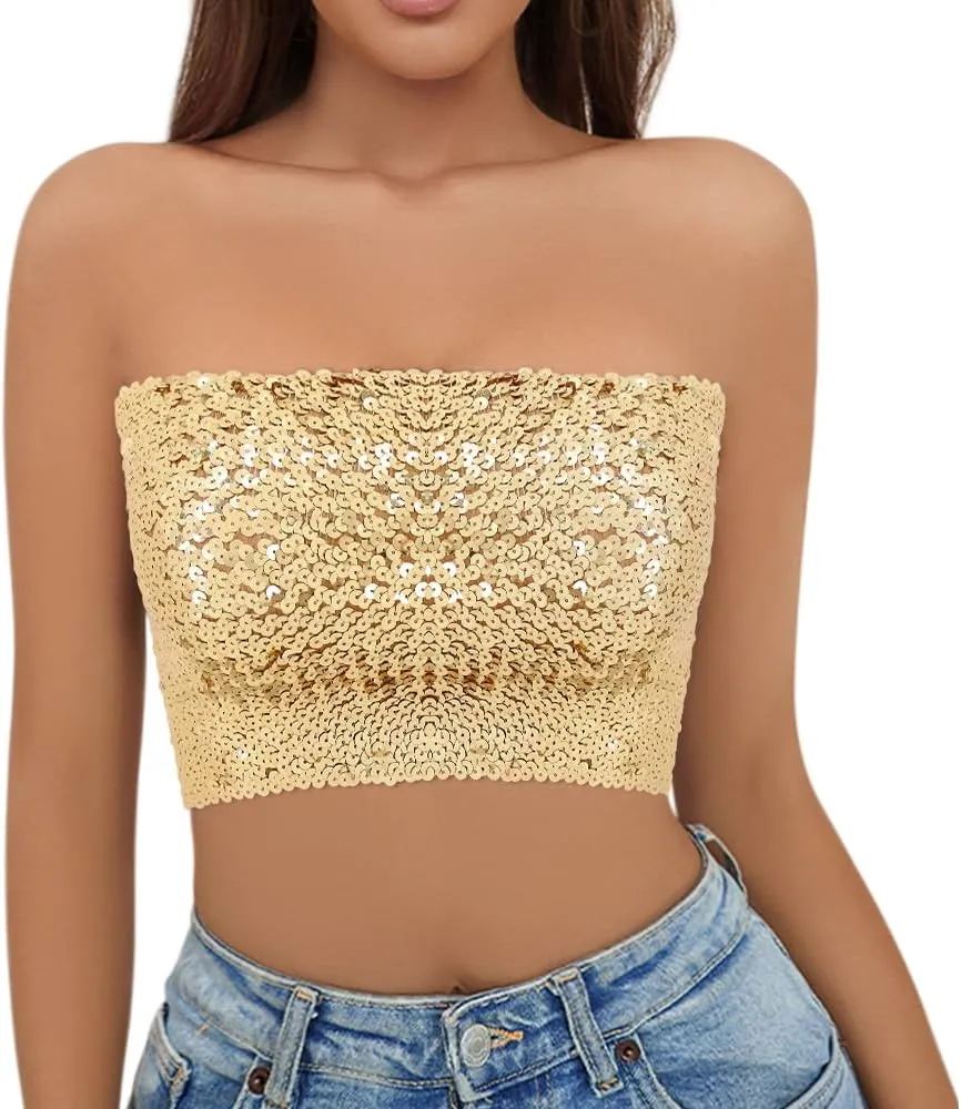 Naimo Women's Sparkly Bling Sequin Tube Top Sexy Stretchy Crop Top Party Costume Clubwear Camisoles