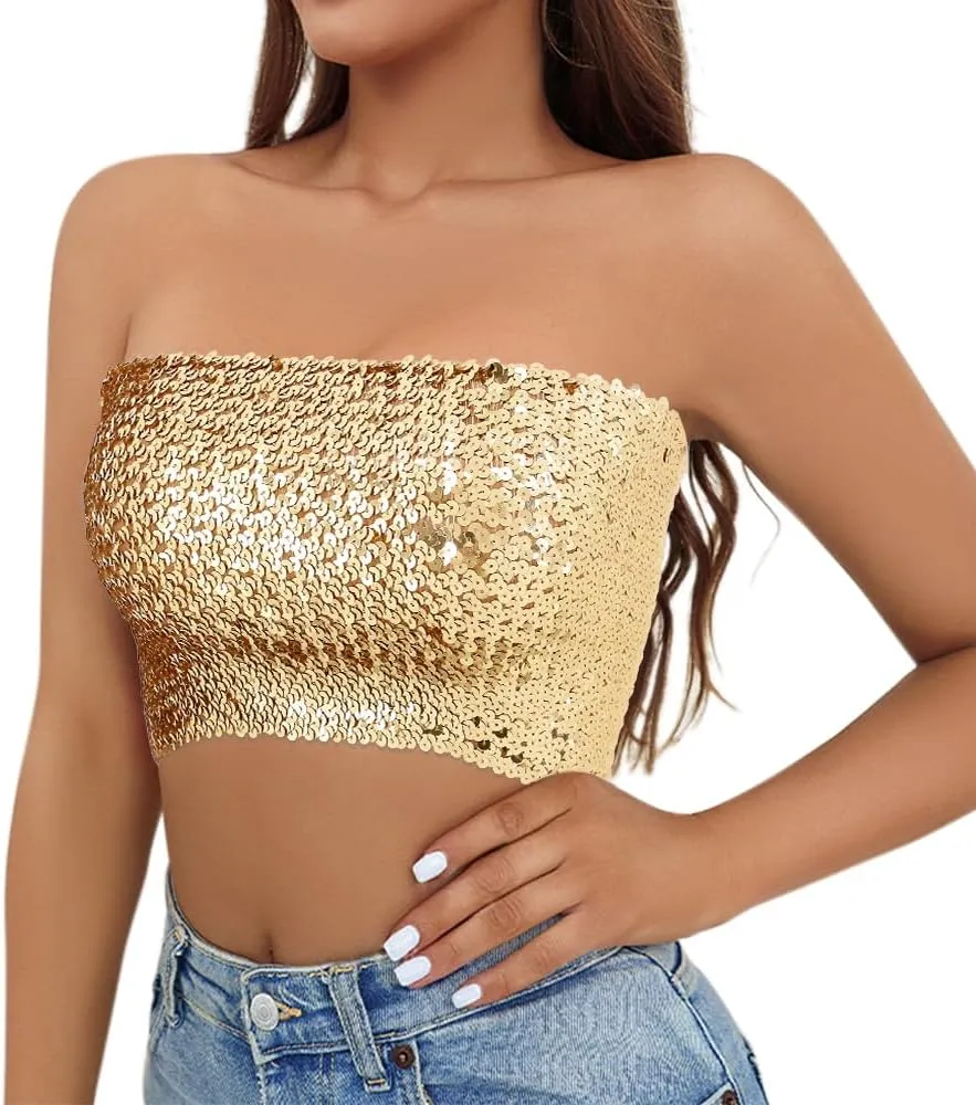 Naimo Women's Sparkly Bling Sequin Tube Top Sexy Stretchy Crop Top Party Costume Clubwear Camisoles