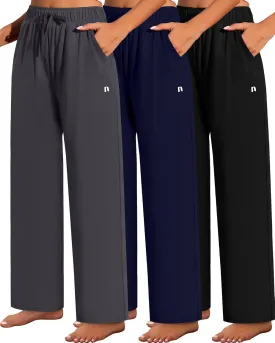 Neer 3 Pack Women's Wide Leg Pants High Waist Sweatpants Yoga Palazzo Drawstring Lounge Pajamas Jogger Pants with Pockets
