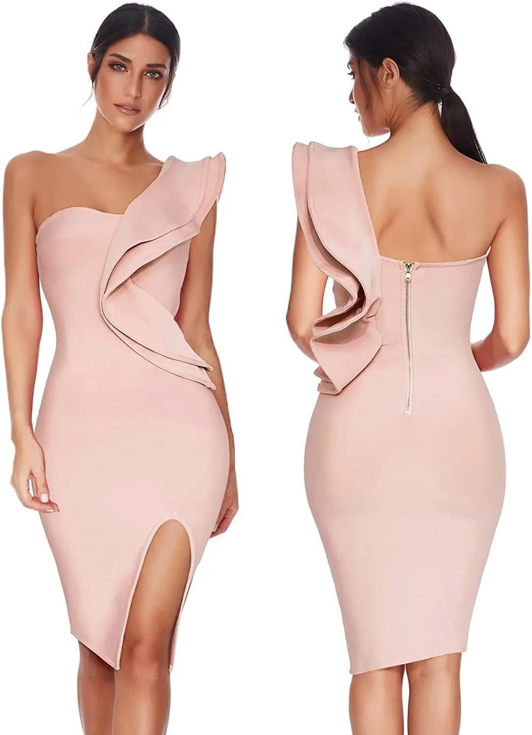 One Shoulder Ruffle Dress Side Split Bodycon Bandage Dress Wedding Guest Dress