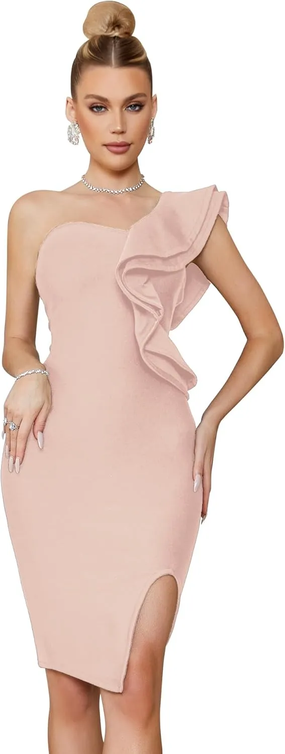 One Shoulder Ruffle Dress Side Split Bodycon Bandage Dress Wedding Guest Dress
