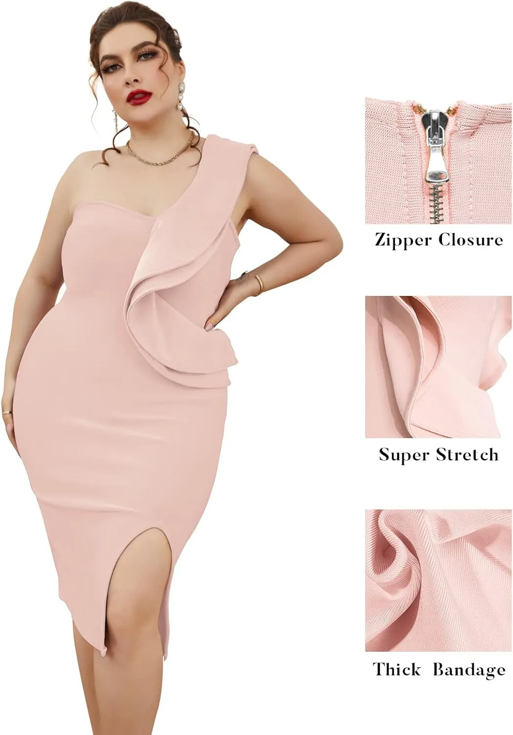 One Shoulder Ruffle Dress Side Split Bodycon Bandage Dress Wedding Guest Dress