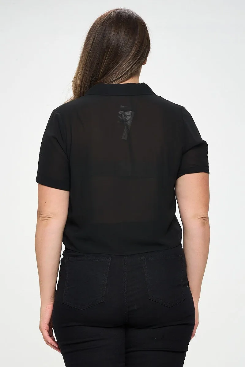 Plus Size Chiffon Tie Front Black Short Sleeve Top