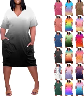 Plus Size Dresses for Curvy Women Summer Dresses 2024 Short Sleeve V Neck Knee Length Midi Beach Dress with Pockets