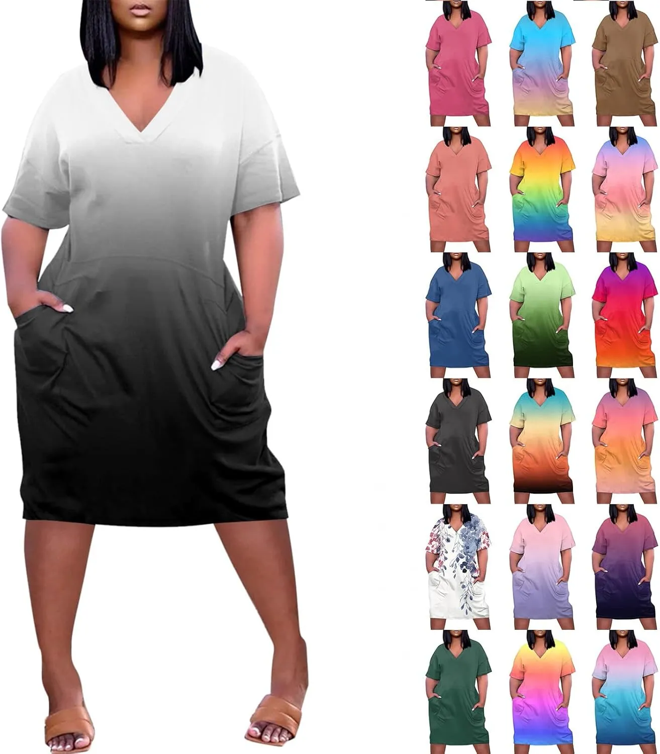 Plus Size Dresses for Curvy Women Summer Dresses 2024 Short Sleeve V Neck Knee Length Midi Beach Dress with Pockets