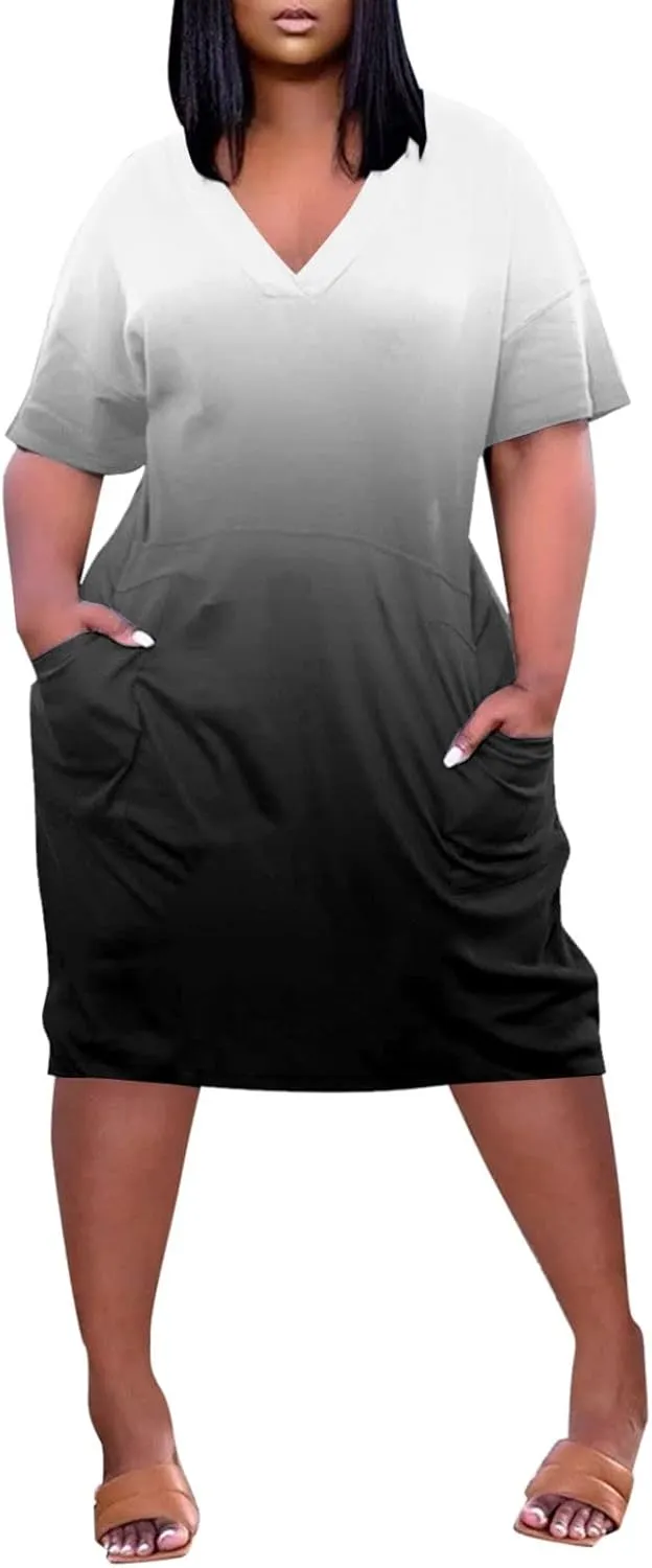 Plus Size Dresses for Curvy Women Summer Dresses 2024 Short Sleeve V Neck Knee Length Midi Beach Dress with Pockets