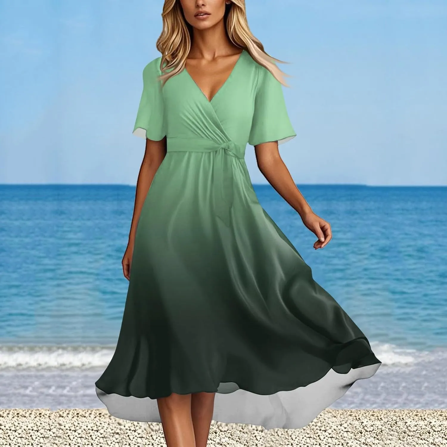 Pub Short Sleeve Summer Dress Women Hip Crop Comfort Loose Fitting for Women V Neck