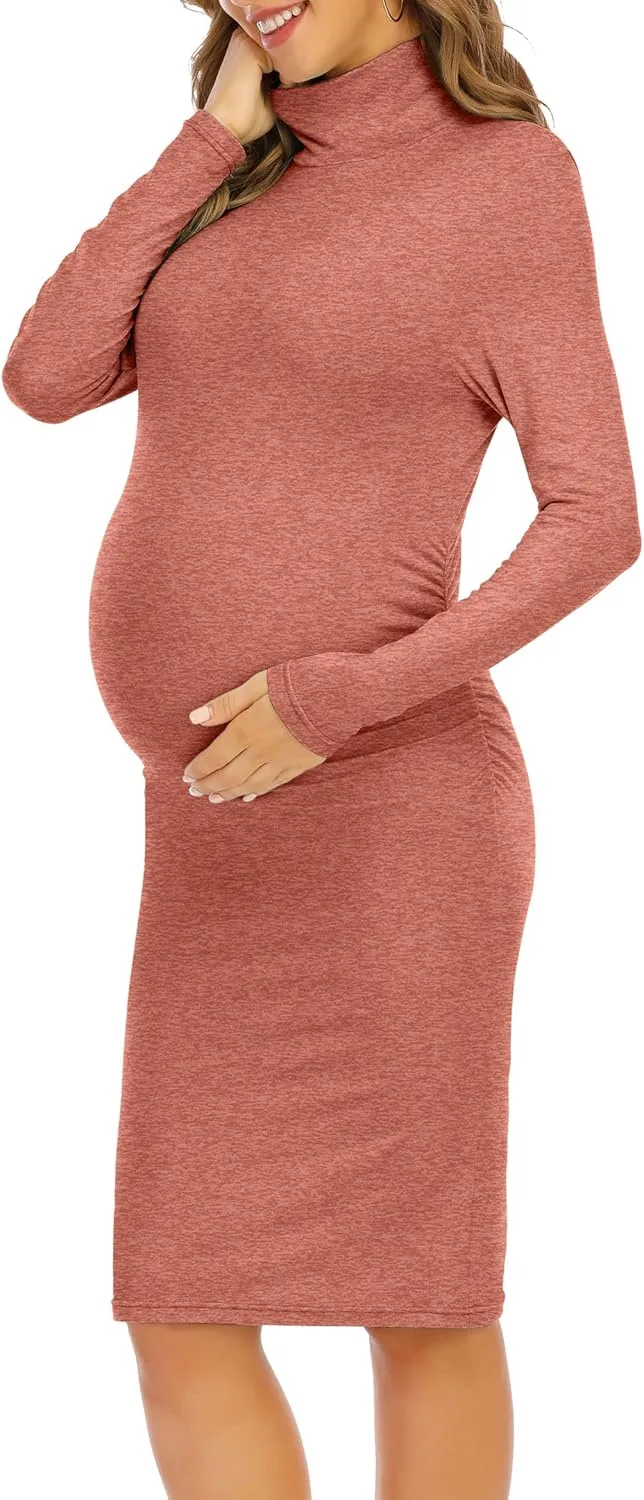 Rheane Turtleneck Maternity Dress, Pregnancy Dress for Fall & Winter; Maternity Sweater Dress for Baby Shower, Christmas