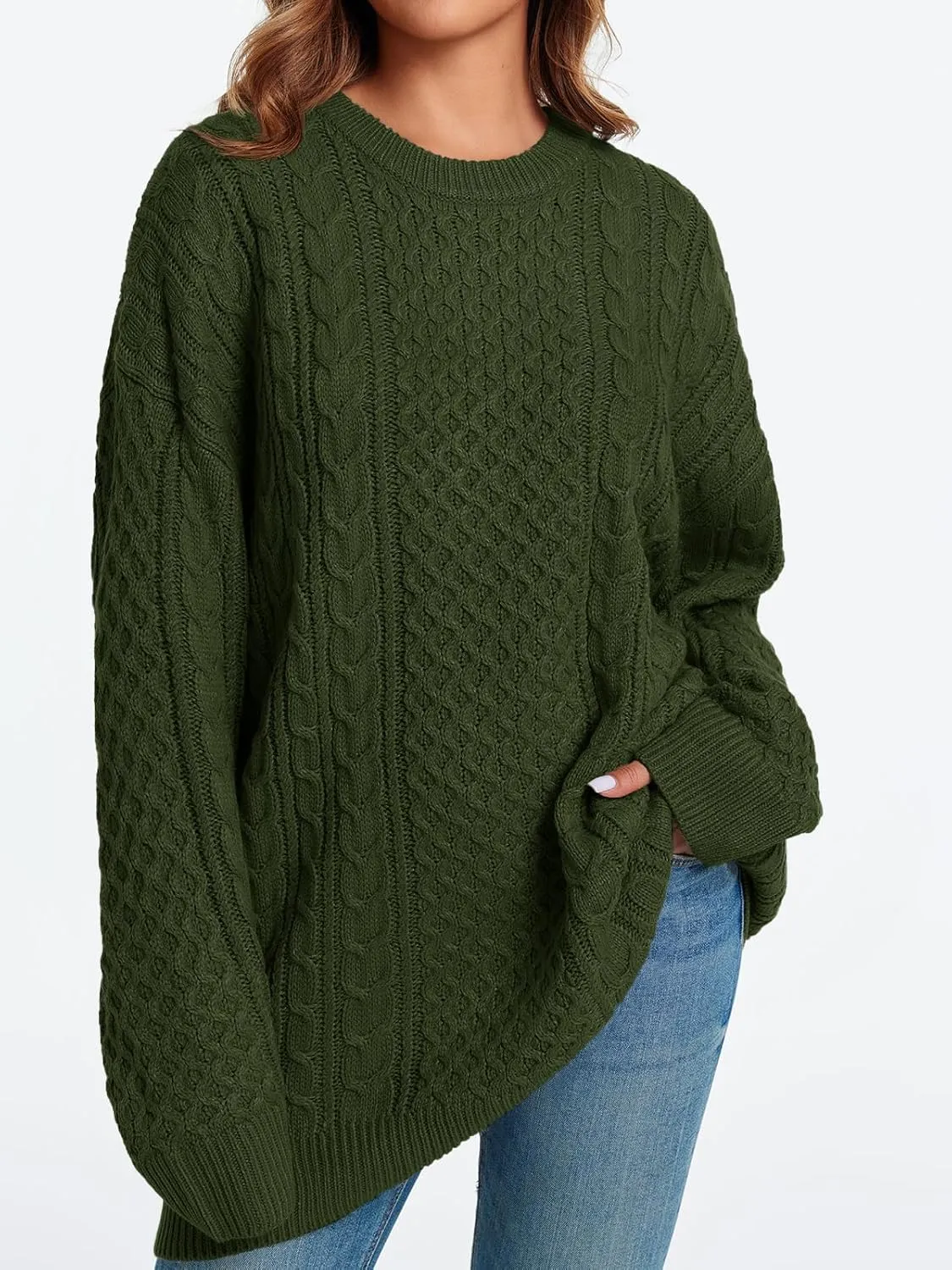 Saodimallsu Womens Oversized Sweaters Chunky Cable Knit Crewneck Long Sleeve Loose Tunic Sweater Tops