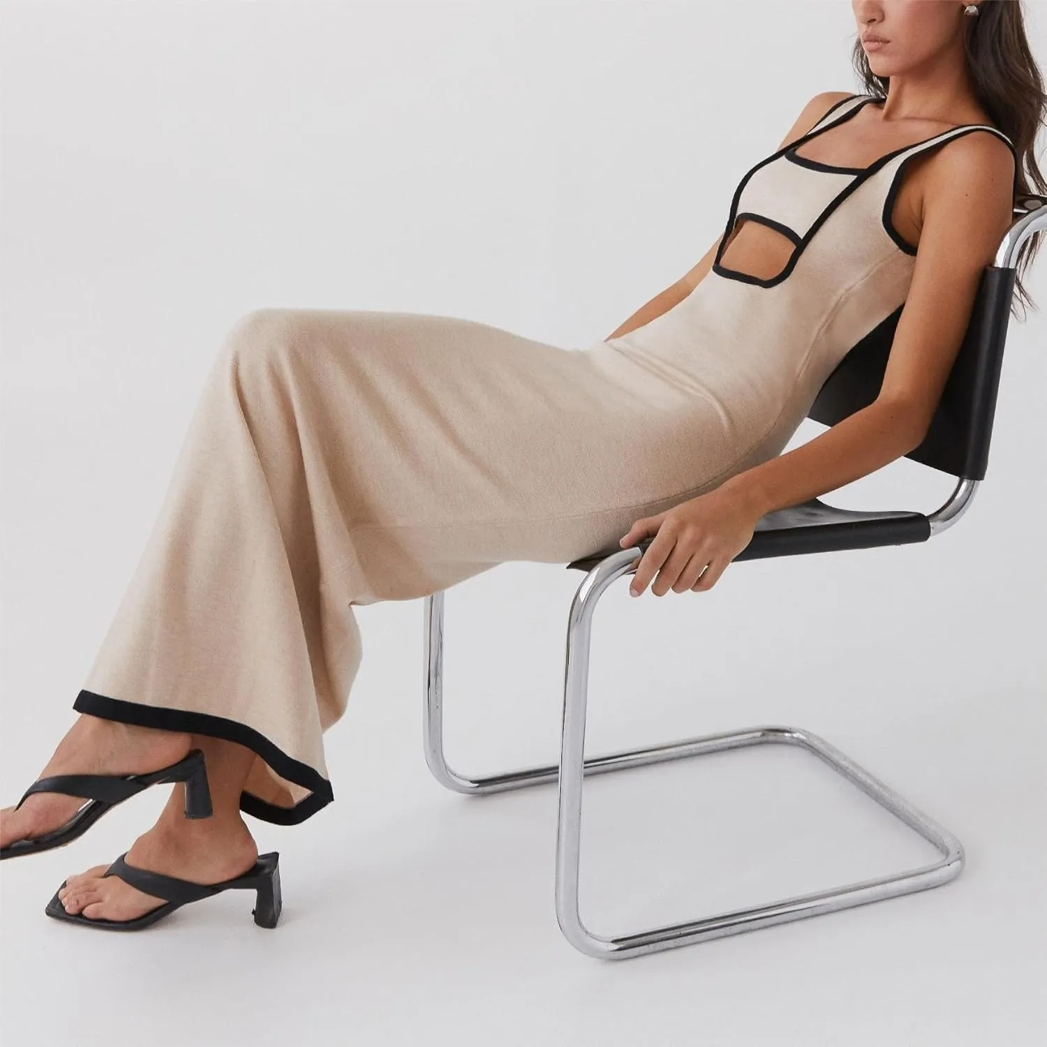 Sastianaen Women Ribbed Knit Maxi Dress Y2k Hollow Out Bodycon Long Dress Sleeveless Backless Tank Dress Streetwear