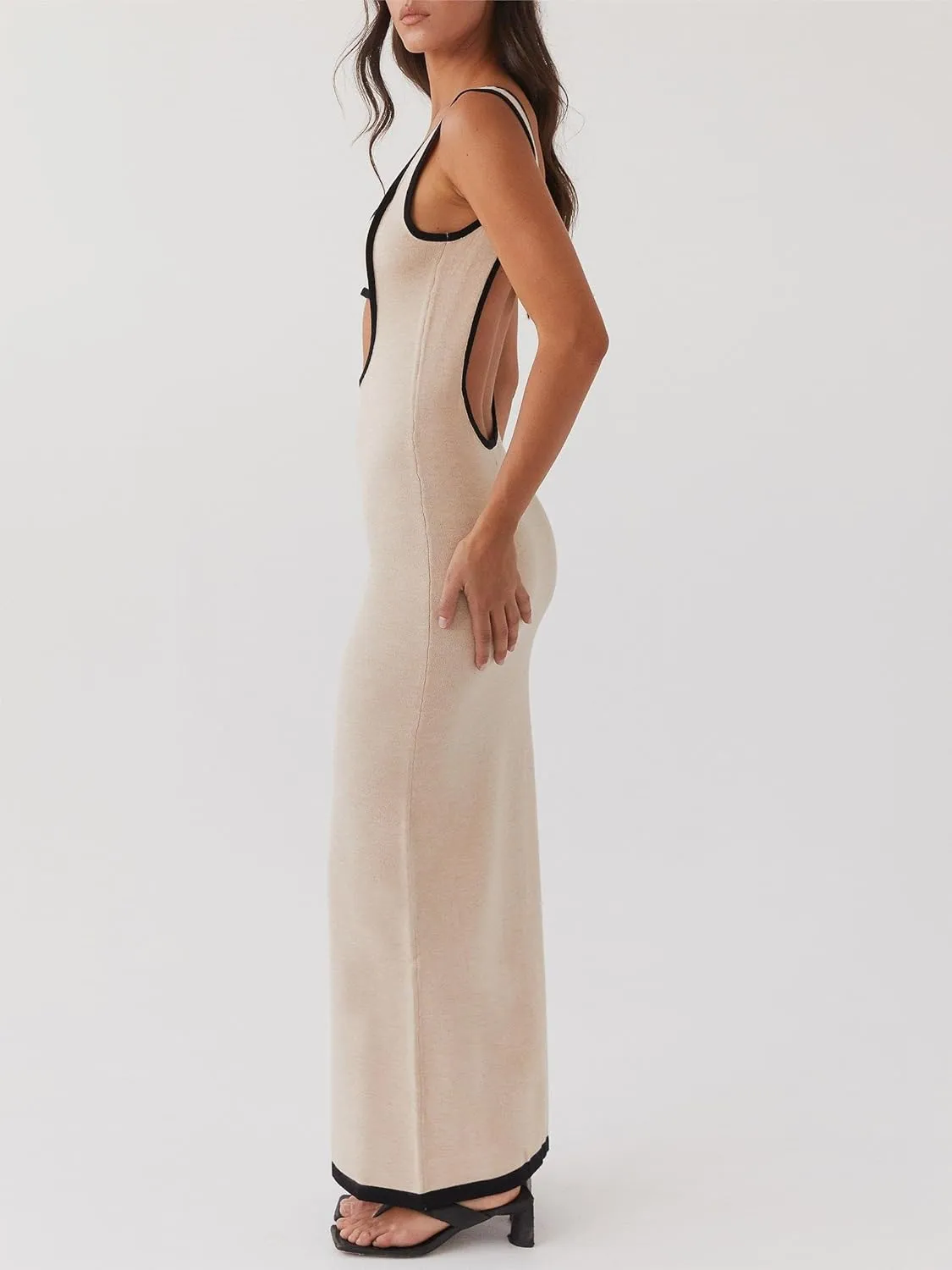 Sastianaen Women Ribbed Knit Maxi Dress Y2k Hollow Out Bodycon Long Dress Sleeveless Backless Tank Dress Streetwear