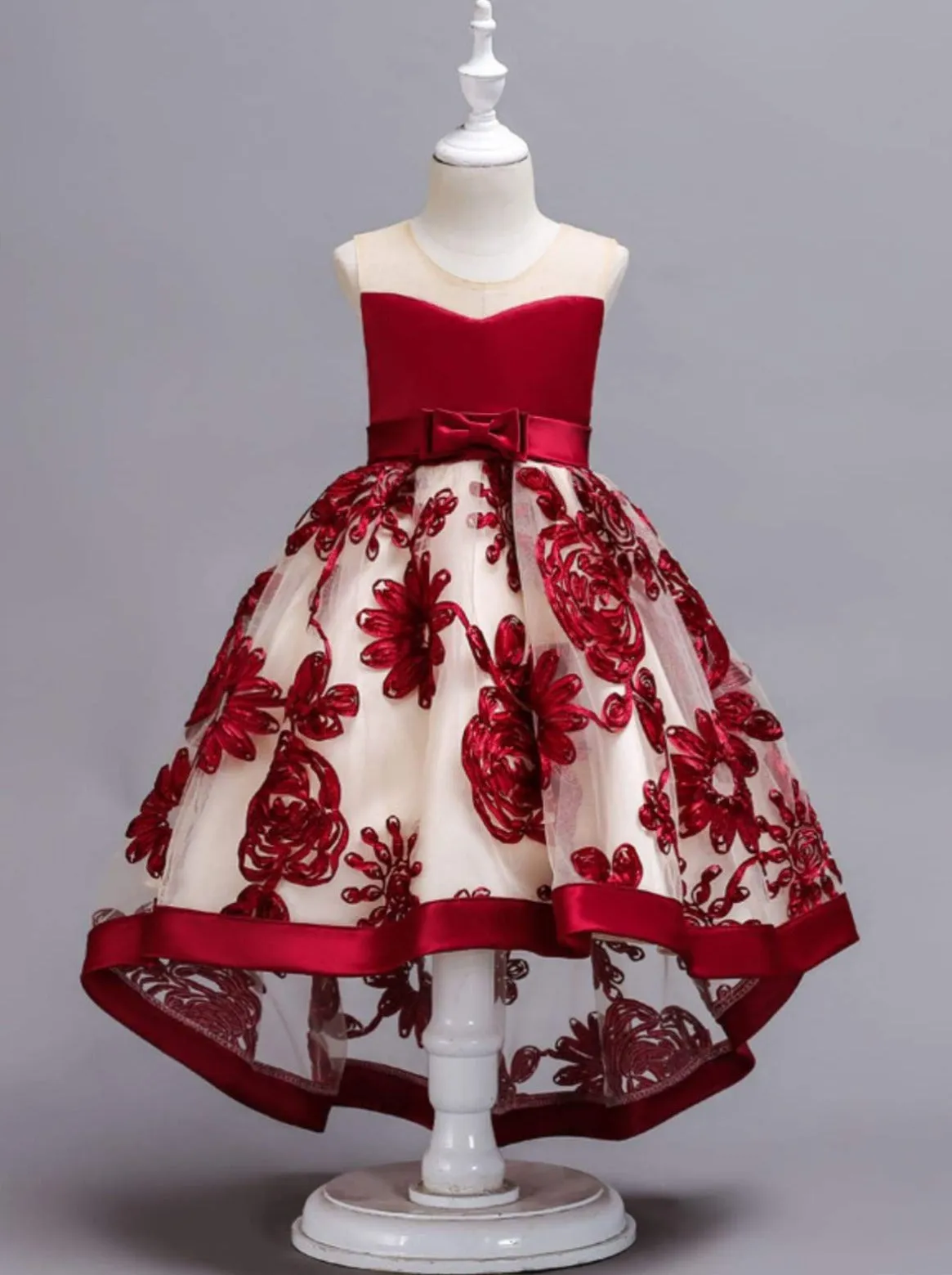 Sheer Collar Red Embroidered Hi-Lo Dress