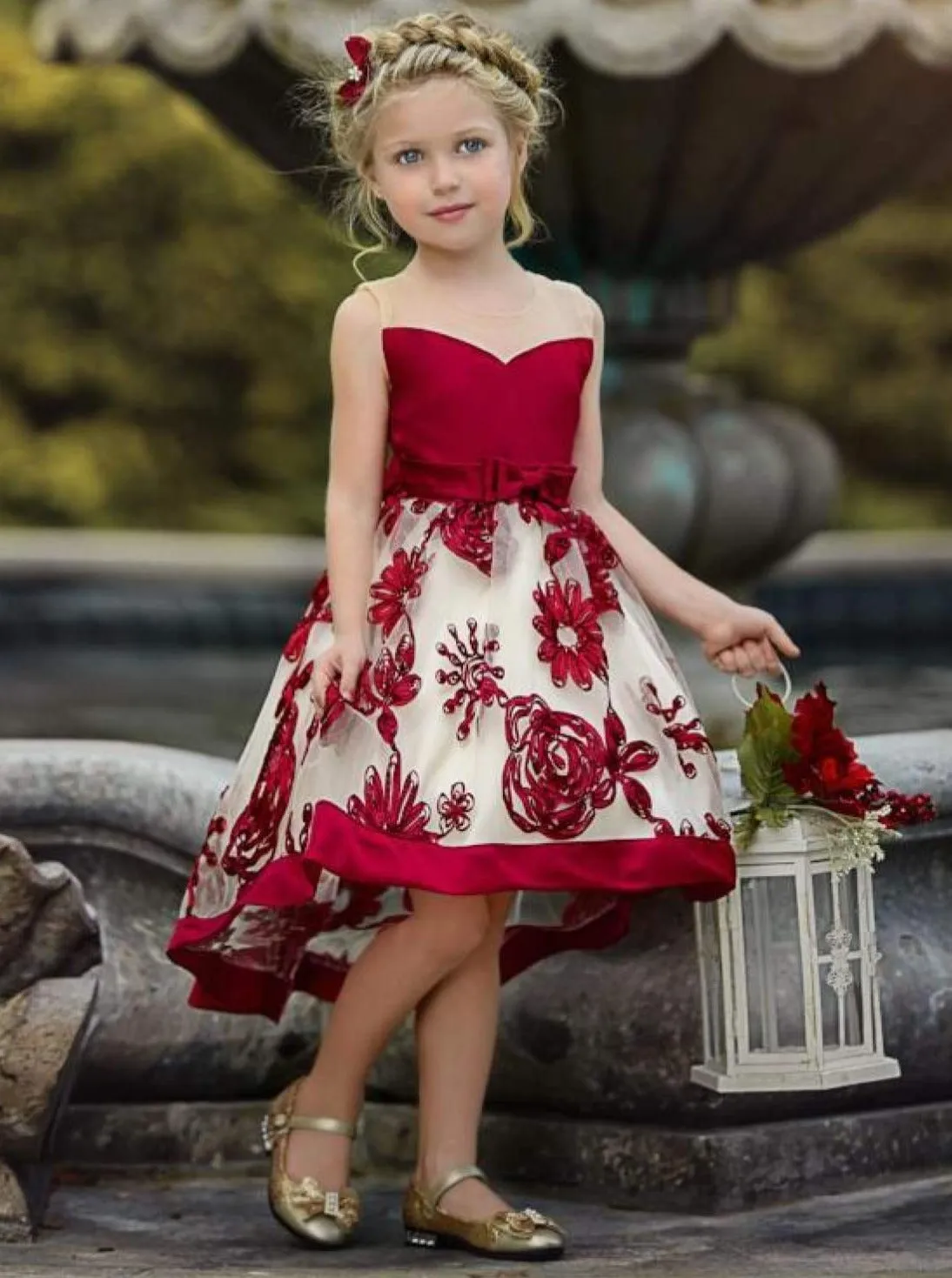 Sheer Collar Red Embroidered Hi-Lo Dress