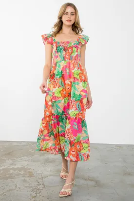 Smocked Floral Print Midi Dress
