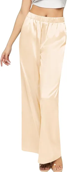 SWOMOG Women's Silk Satin Pajama Pants Longs Silky Sleep Pants Loungewear Trousers Elastic Waist Lounge Pj Bottoms