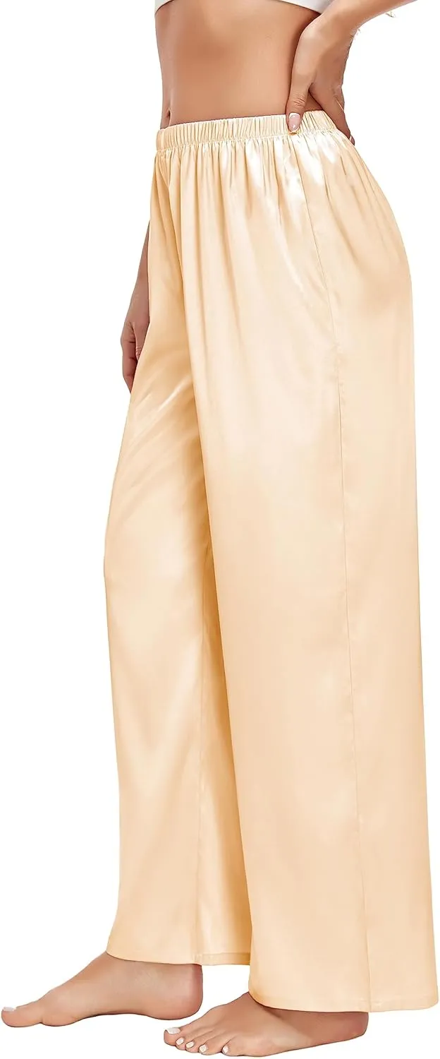 SWOMOG Women's Silk Satin Pajama Pants Longs Silky Sleep Pants Loungewear Trousers Elastic Waist Lounge Pj Bottoms