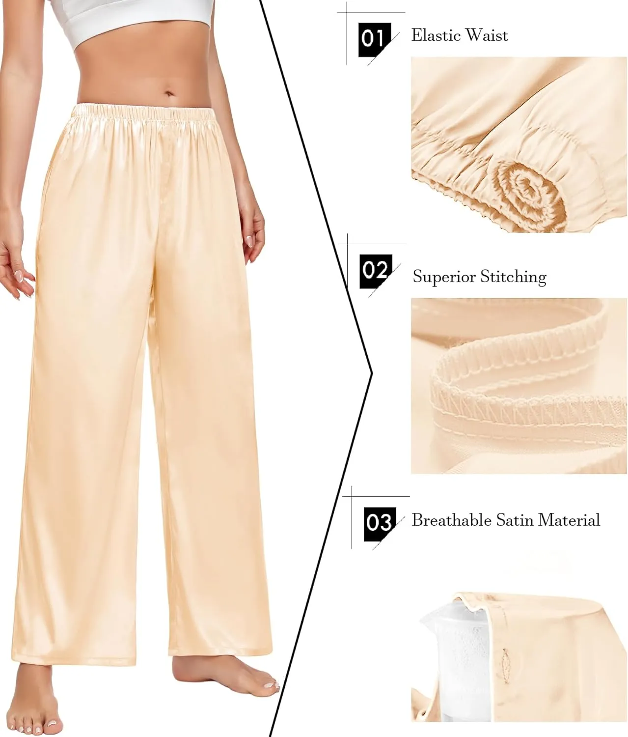 SWOMOG Women's Silk Satin Pajama Pants Longs Silky Sleep Pants Loungewear Trousers Elastic Waist Lounge Pj Bottoms