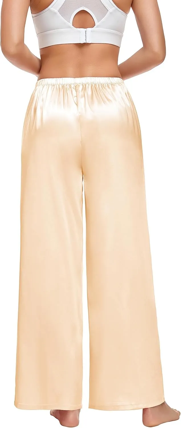 SWOMOG Women's Silk Satin Pajama Pants Longs Silky Sleep Pants Loungewear Trousers Elastic Waist Lounge Pj Bottoms