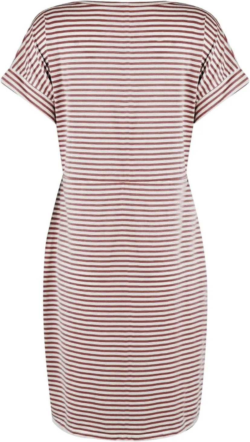 Tshirt Dress Women Casual Short Sleeve Tie Waist Dress with Pockets Loose Fit Crewneck Striped Midi Pencil Dresses