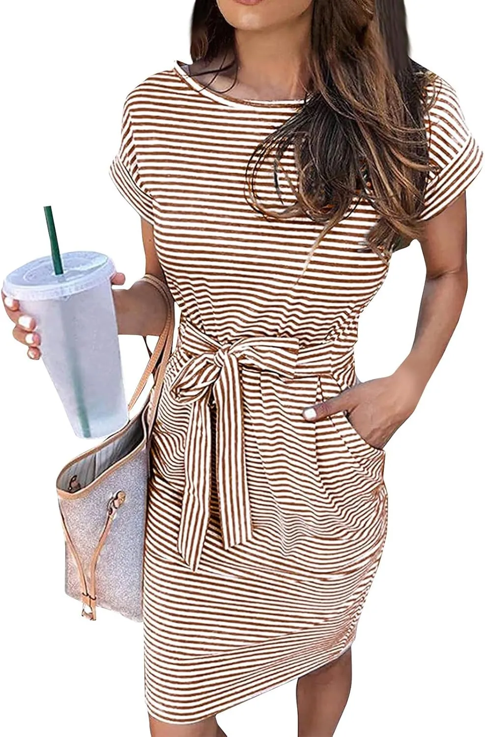 Tshirt Dress Women Casual Short Sleeve Tie Waist Dress with Pockets Loose Fit Crewneck Striped Midi Pencil Dresses
