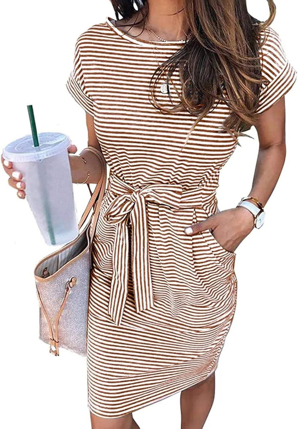 Tshirt Dress Women Casual Short Sleeve Tie Waist Dress with Pockets Loose Fit Crewneck Striped Midi Pencil Dresses