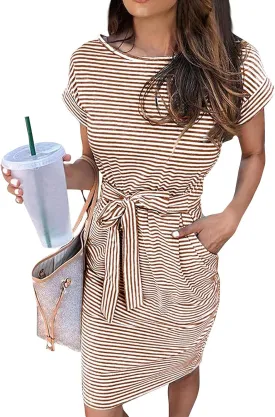 Tshirt Dress Women Casual Short Sleeve Tie Waist Dress with Pockets Loose Fit Crewneck Striped Midi Pencil Dresses