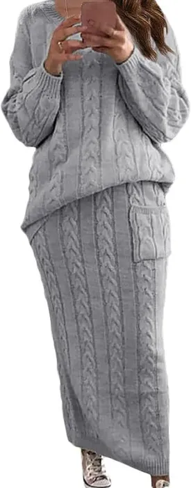 utcoco Womens Sweater Sets Winter Chunky Cable Knit 2 Piece Outfits Sweater Skirt Set