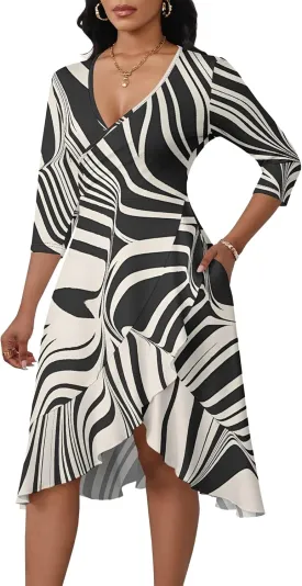 Women 3/4 Sleeve Sexy V Neck Bodycon Midi Dress Side Slit Irregular Ruffle Hem Mermaid Elegant Holiday Prom Dresses