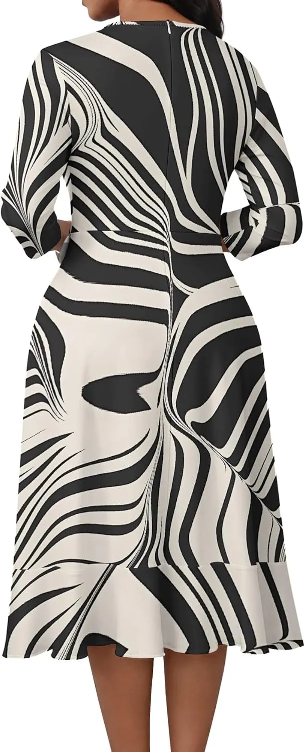 Women 3/4 Sleeve Sexy V Neck Bodycon Midi Dress Side Slit Irregular Ruffle Hem Mermaid Elegant Holiday Prom Dresses