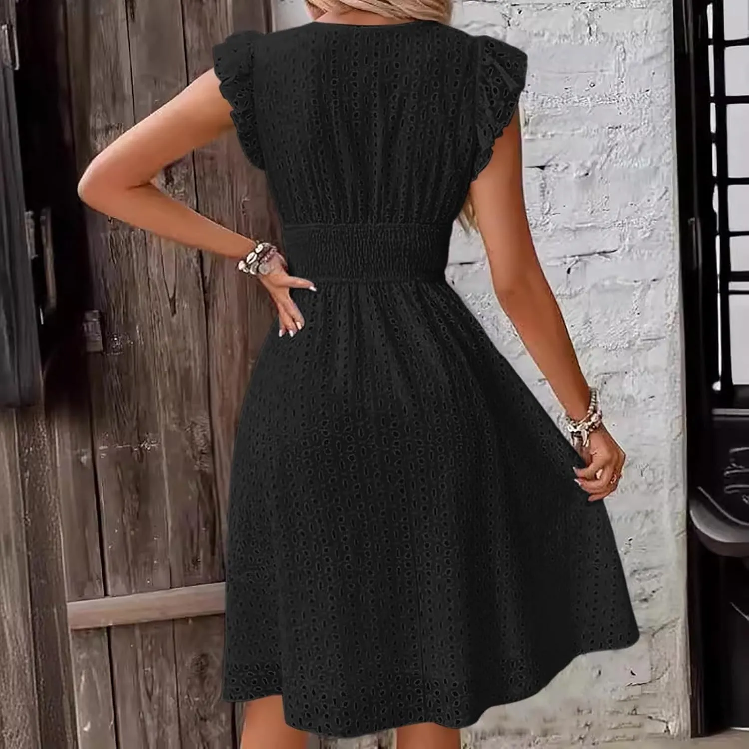Women Eyelet Dress Midi Flutter Sleeve V Neck Smocked Waist Dresses Summer Sexy A Line Lace Embroidery Sun Dress