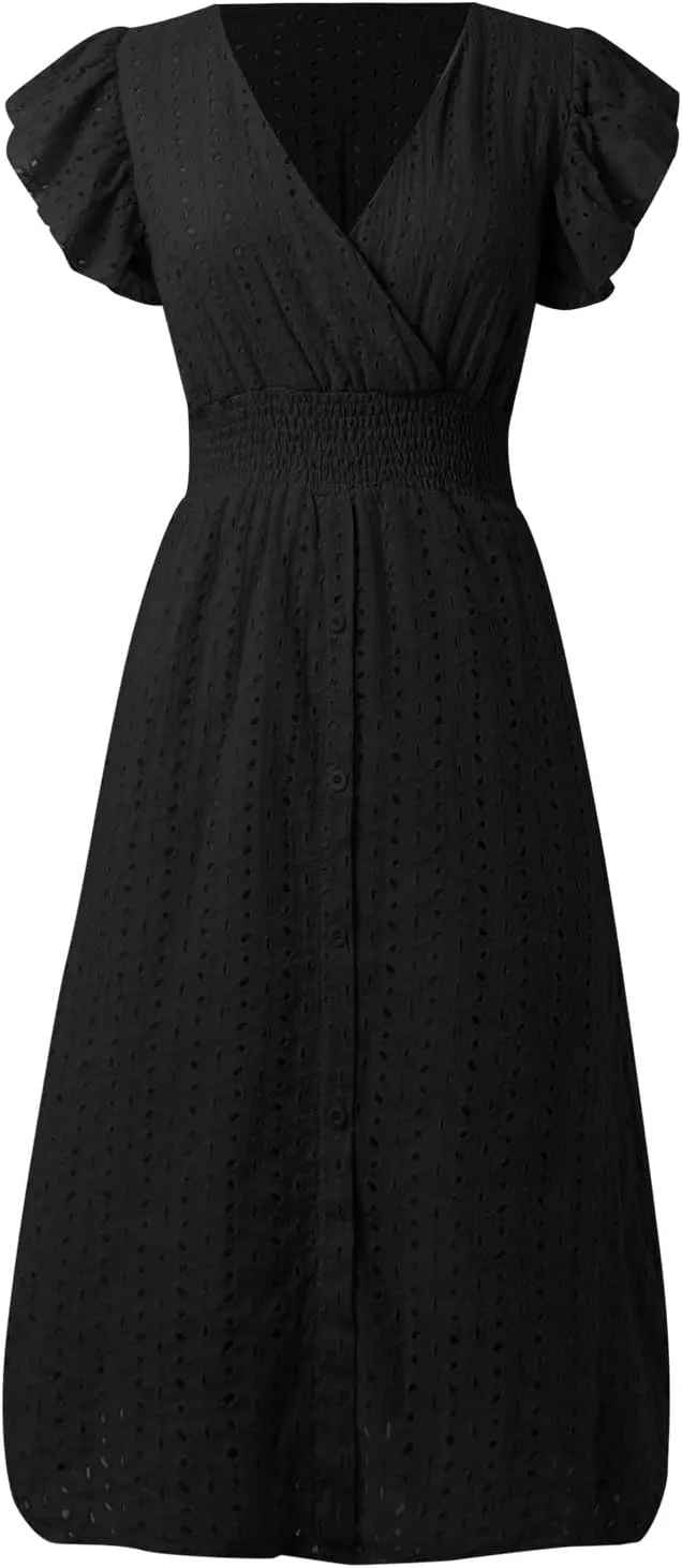 Women Eyelet Dress Midi Flutter Sleeve V Neck Smocked Waist Dresses Summer Sexy A Line Lace Embroidery Sun Dress