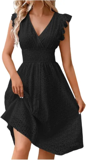 Women Eyelet Dress Midi Flutter Sleeve V Neck Smocked Waist Dresses Summer Sexy A Line Lace Embroidery Sun Dress