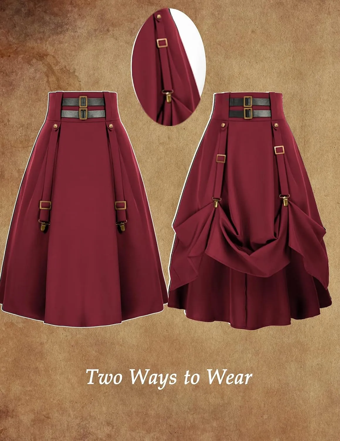 Women Goth Steampunk Skirt High Waist Pirate Midi A-Line Skirt with Pockets S-2XL
