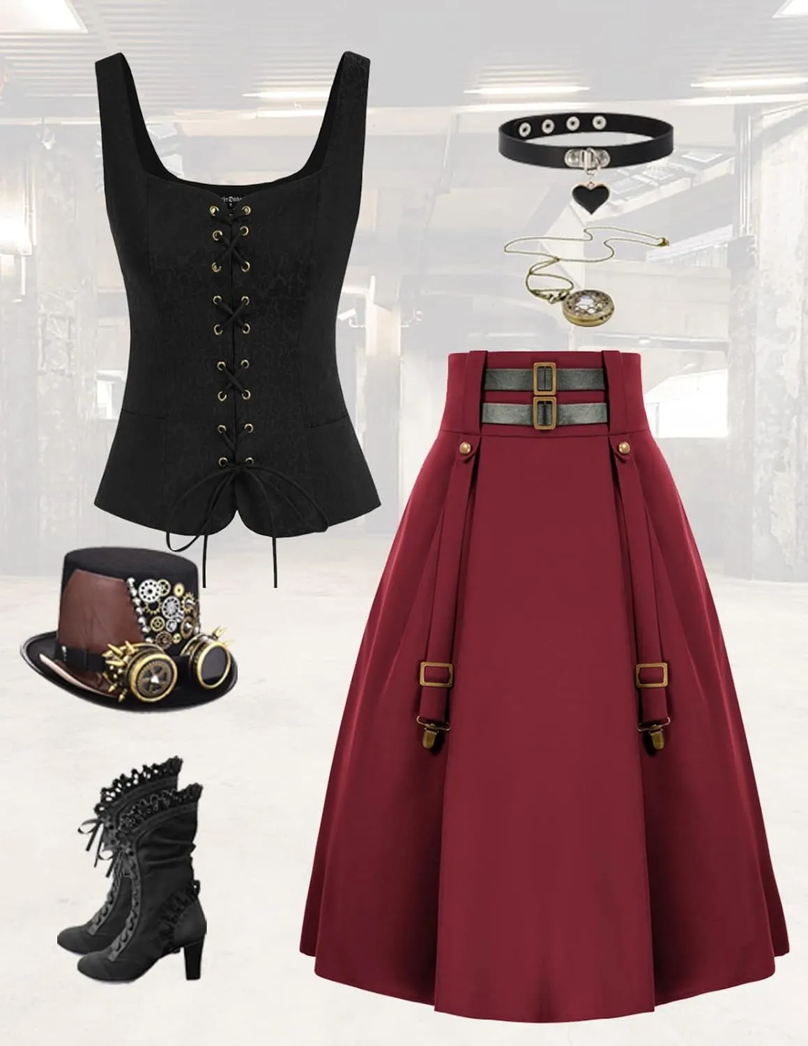 Women Goth Steampunk Skirt High Waist Pirate Midi A-Line Skirt with Pockets S-2XL
