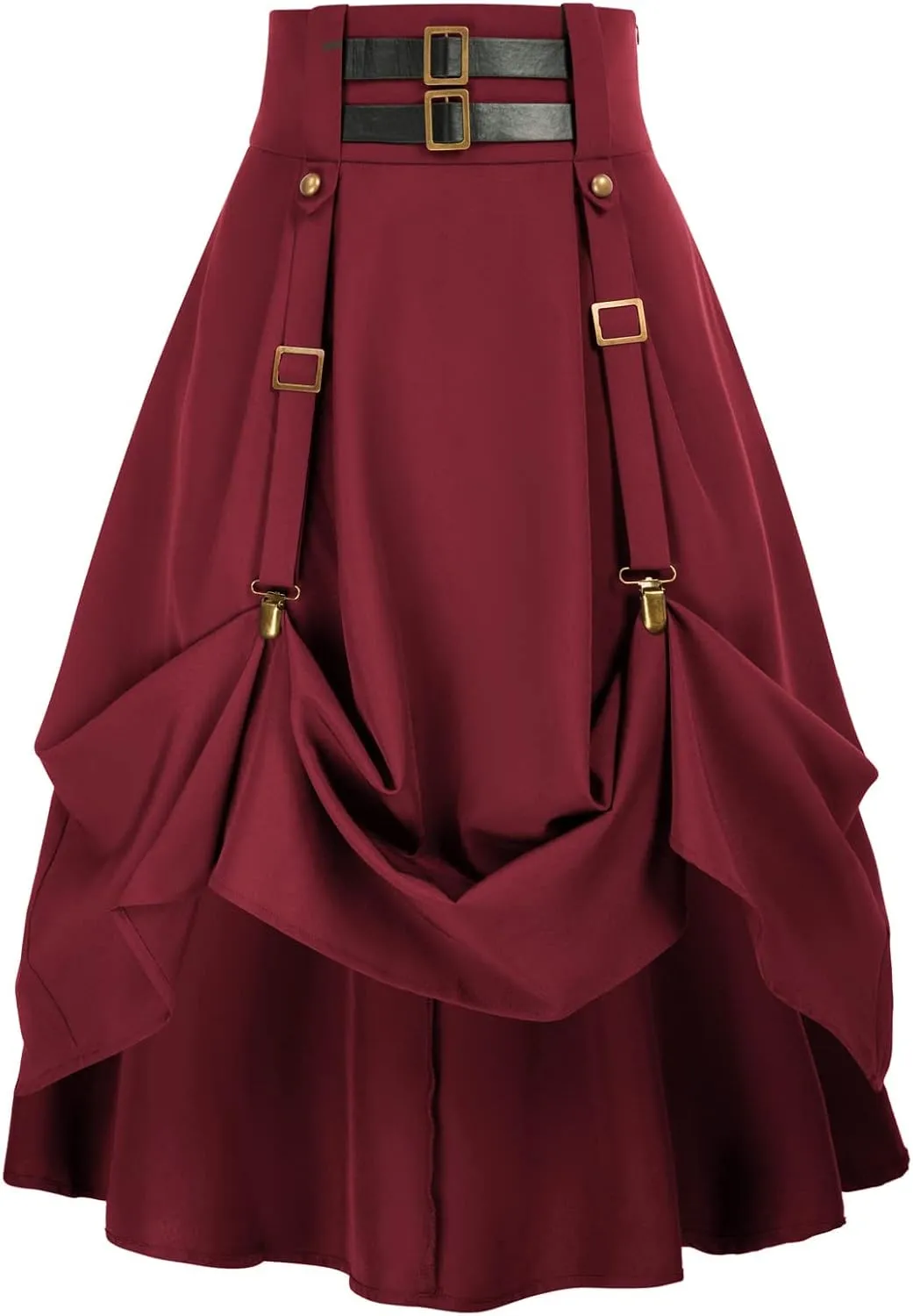 Women Goth Steampunk Skirt High Waist Pirate Midi A-Line Skirt with Pockets S-2XL