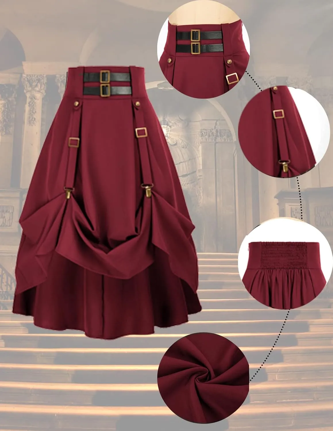 Women Goth Steampunk Skirt High Waist Pirate Midi A-Line Skirt with Pockets S-2XL